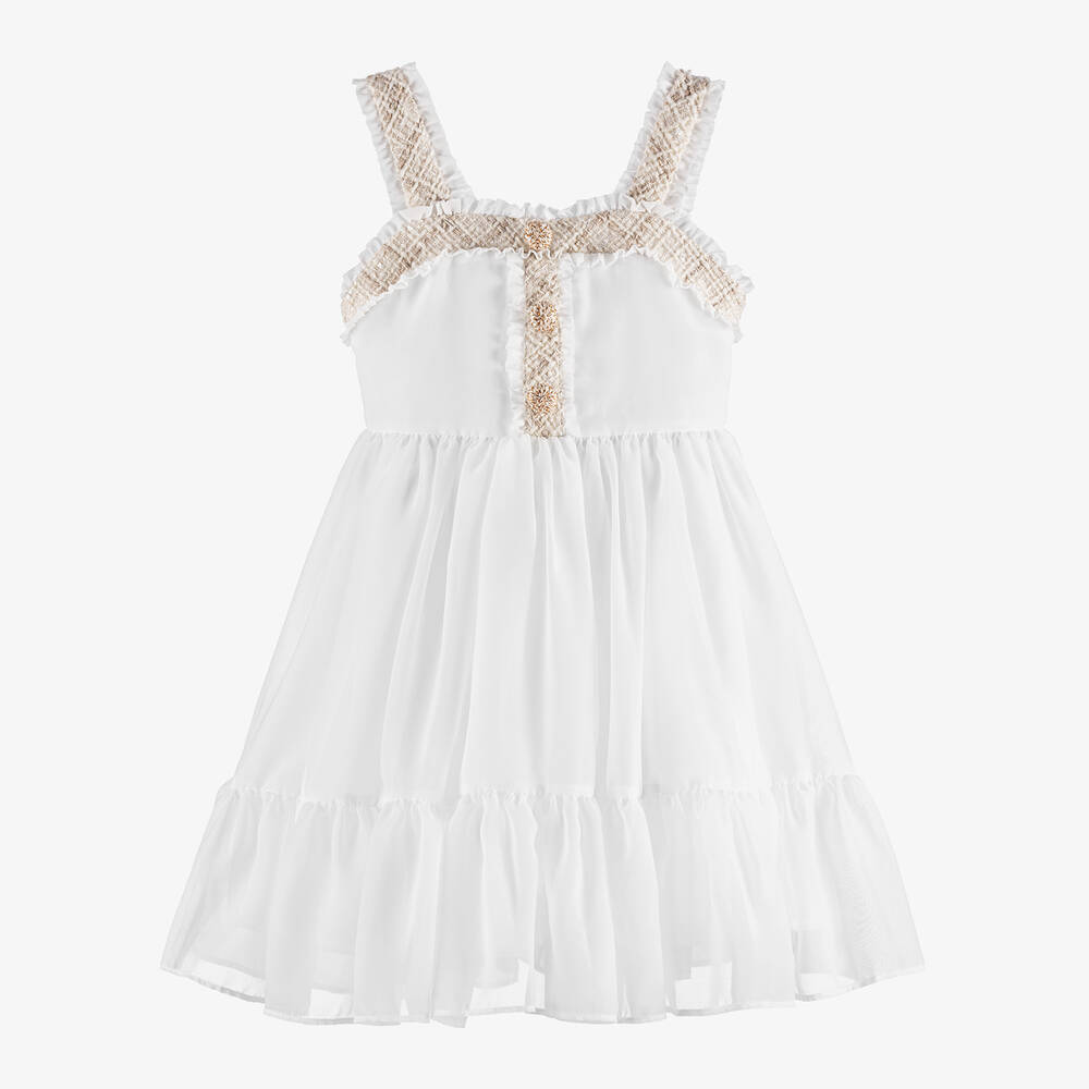 Patachou - Girls Ivory Chiffon & Tweed Dress | Childrensalon