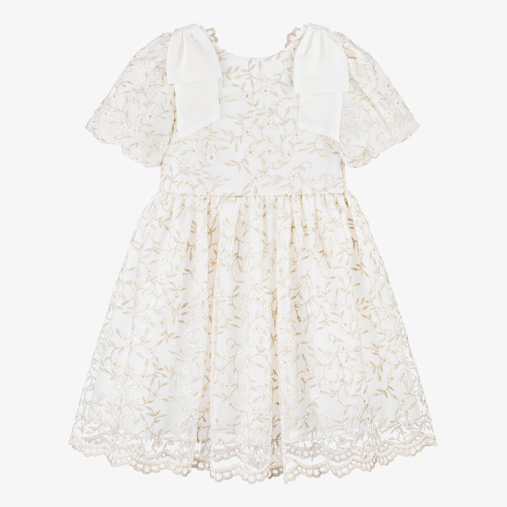 Patachou - Girls Ivory & Gold Embroidered Tulle Dress | Childrensalon