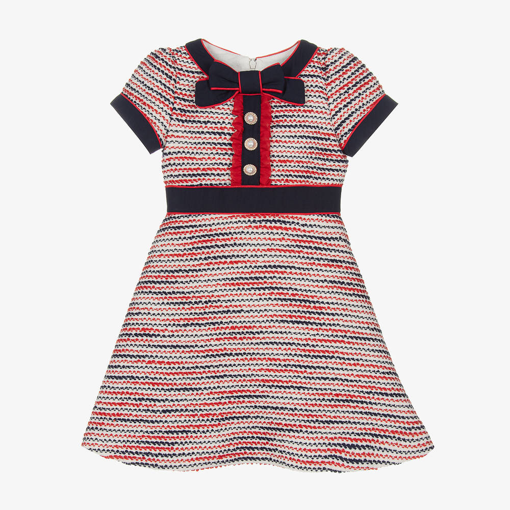 Patachou - Girls Navy Blue & Red Tweed Dress | Childrensalon