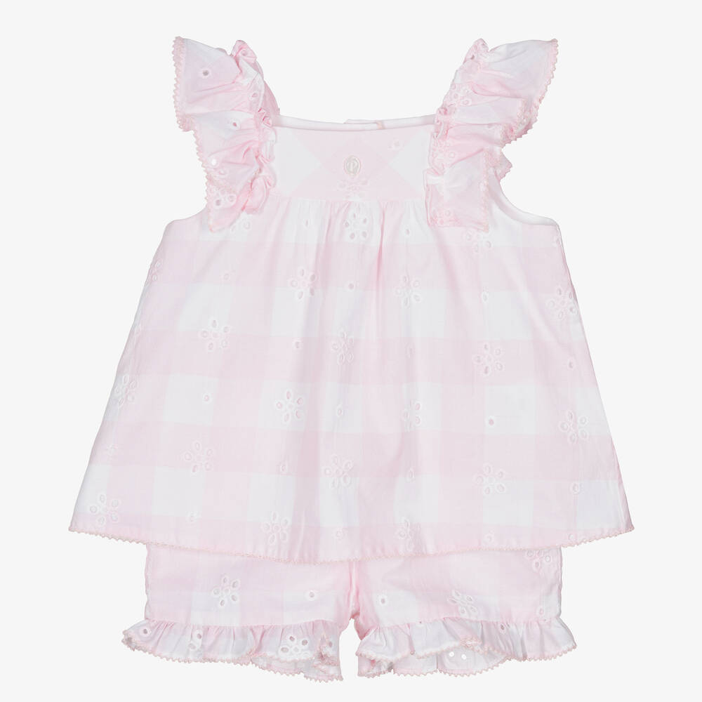 Patachou - Girls Pink Gingham Cotton Shorts Set | Childrensalon