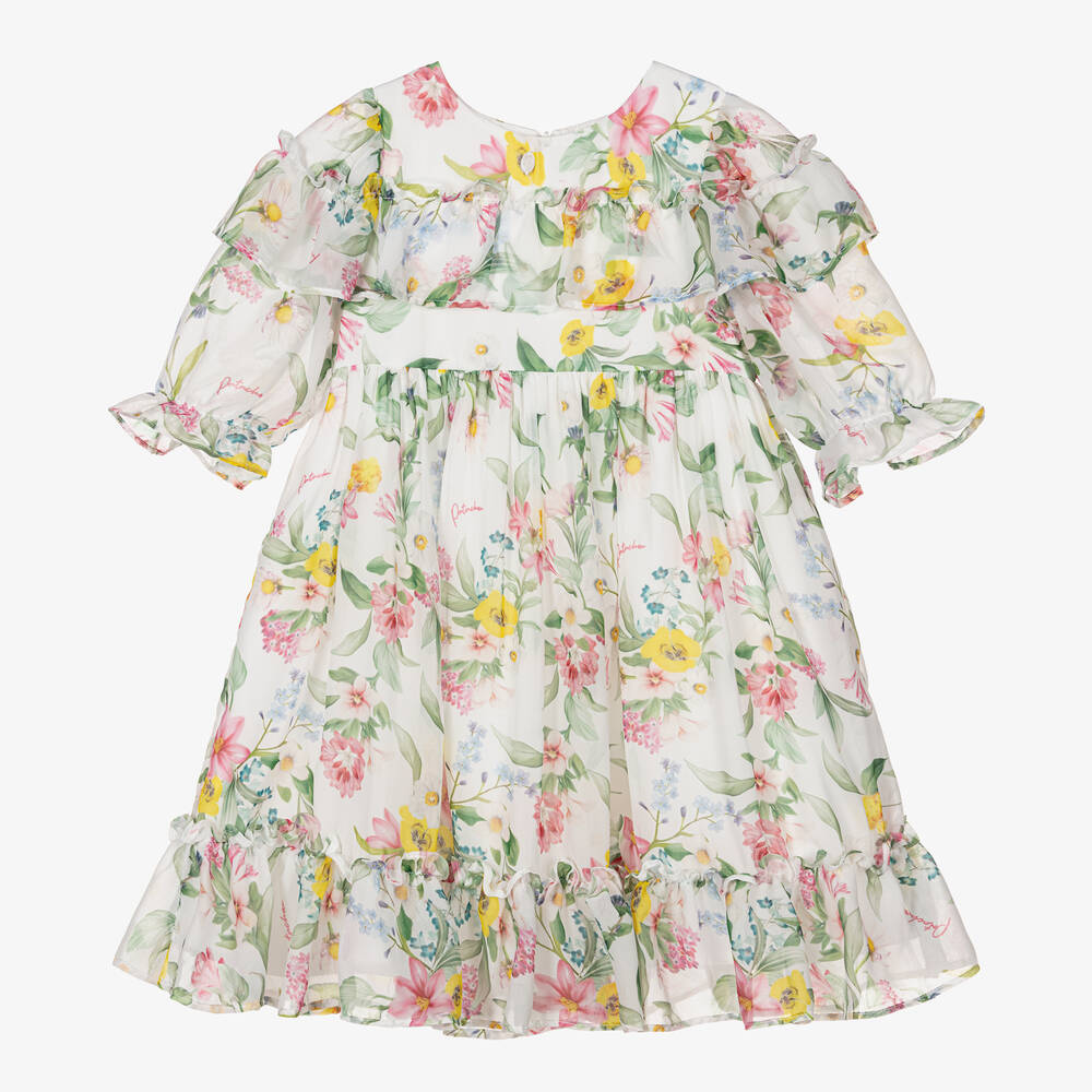 Patachou - Girls White Chiffon Floral Dress | Childrensalon