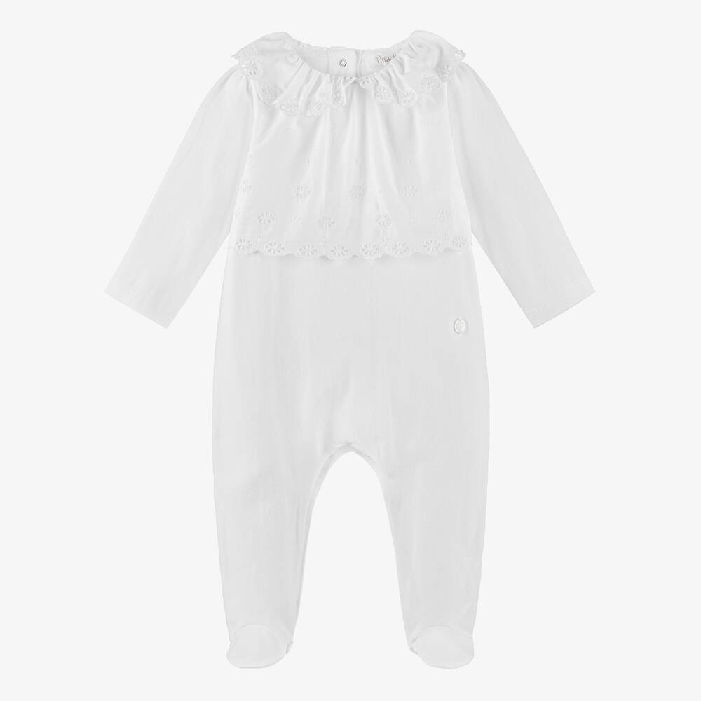 Patachou - Girls White Cotton Jersey & Broderie Babygrow | Childrensalon