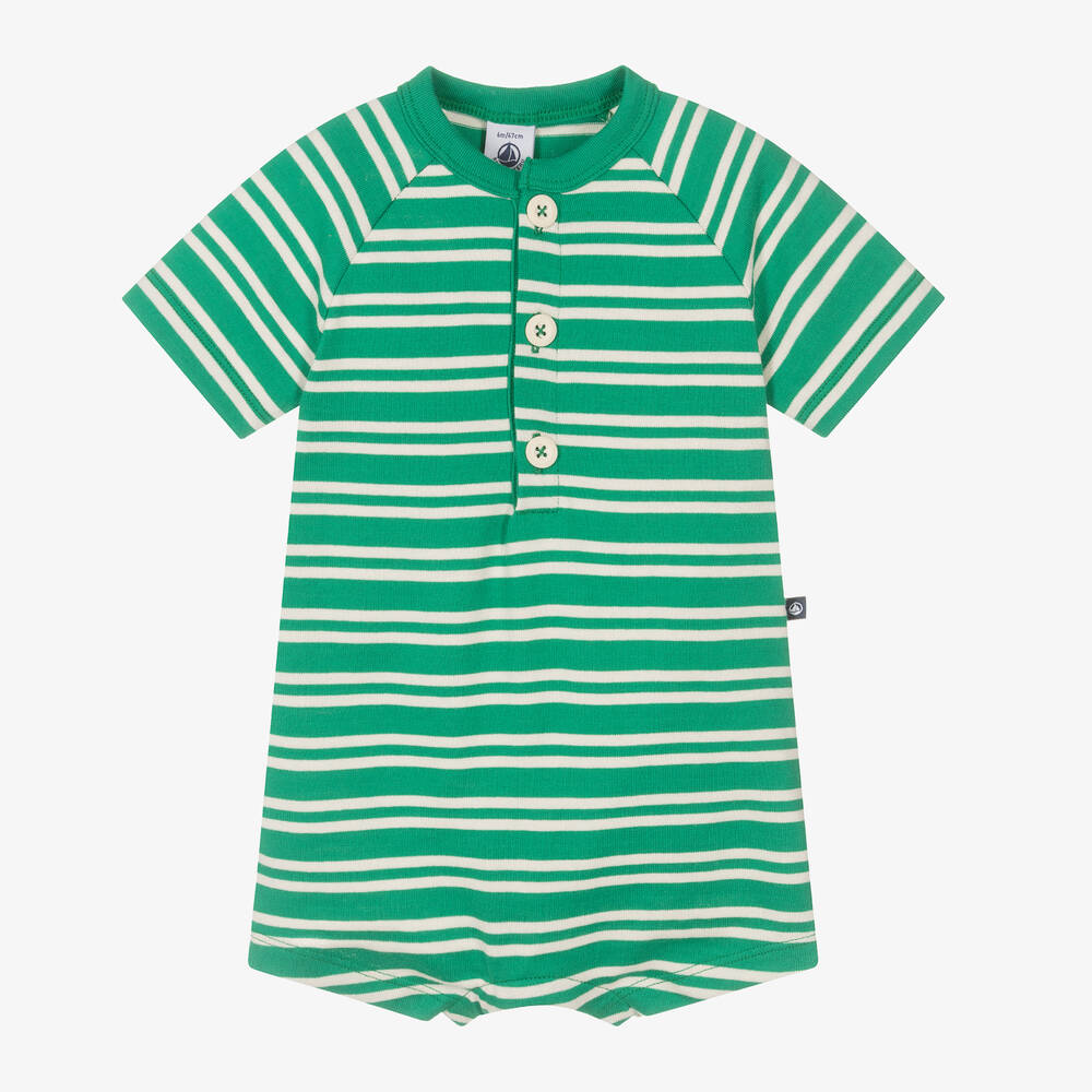 Petit Bateau - بودى سوت أطفال ولادي مقلم قطن جيرسي لون أخضر | Childrensalon