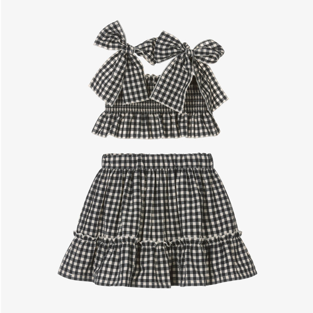 Phi Clothing - Ensemble jupe vichy noir en coton fille | Childrensalon