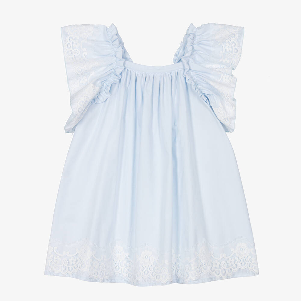 Phi Clothing - Robe bleue en coton à dentelle fille | Childrensalon