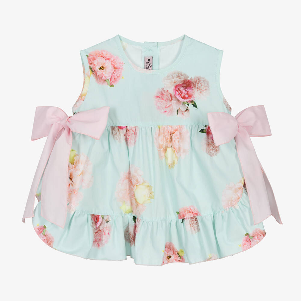 Phi Clothing - Girls Blue Floral Cotton Blouse | Childrensalon