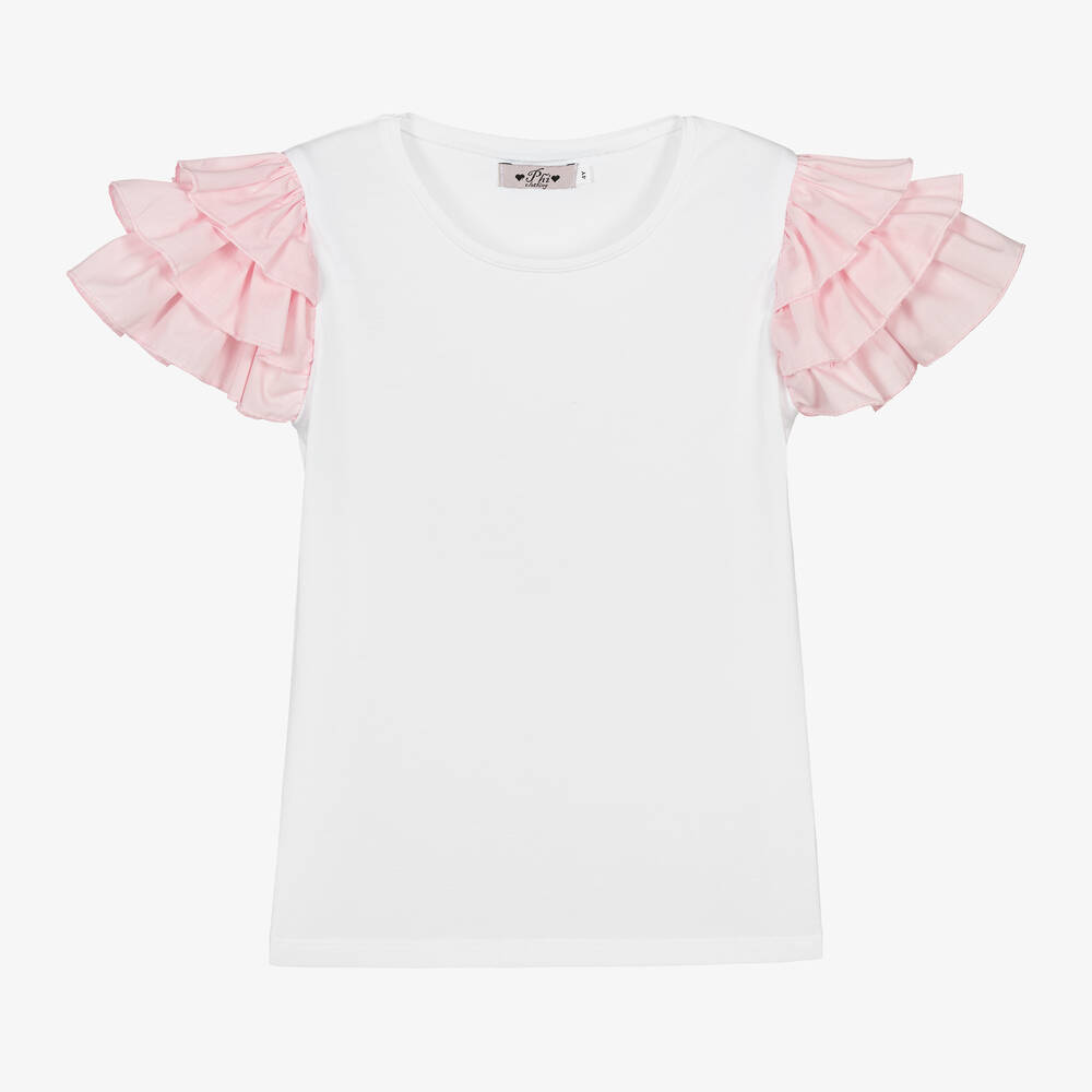 Phi Clothing - Girls White Cotton Frill Sleeve T-Shirt | Childrensalon