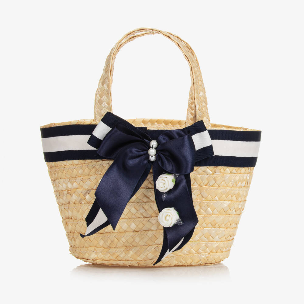 Piccola Speranza - Panier en paille à ruban bleu 25cm | Childrensalon