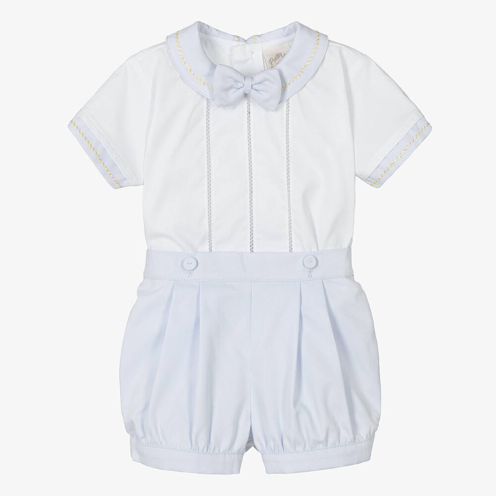 Pretty Originals - Boys White & Blue Cotton Buster Suit Set | Childrensalon