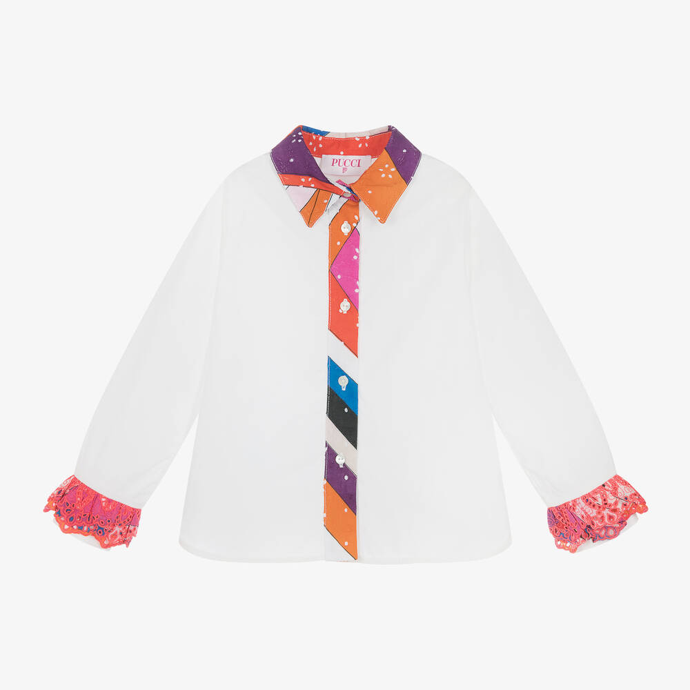 PUCCI - Girls White Cotton Onde Blouse | Childrensalon