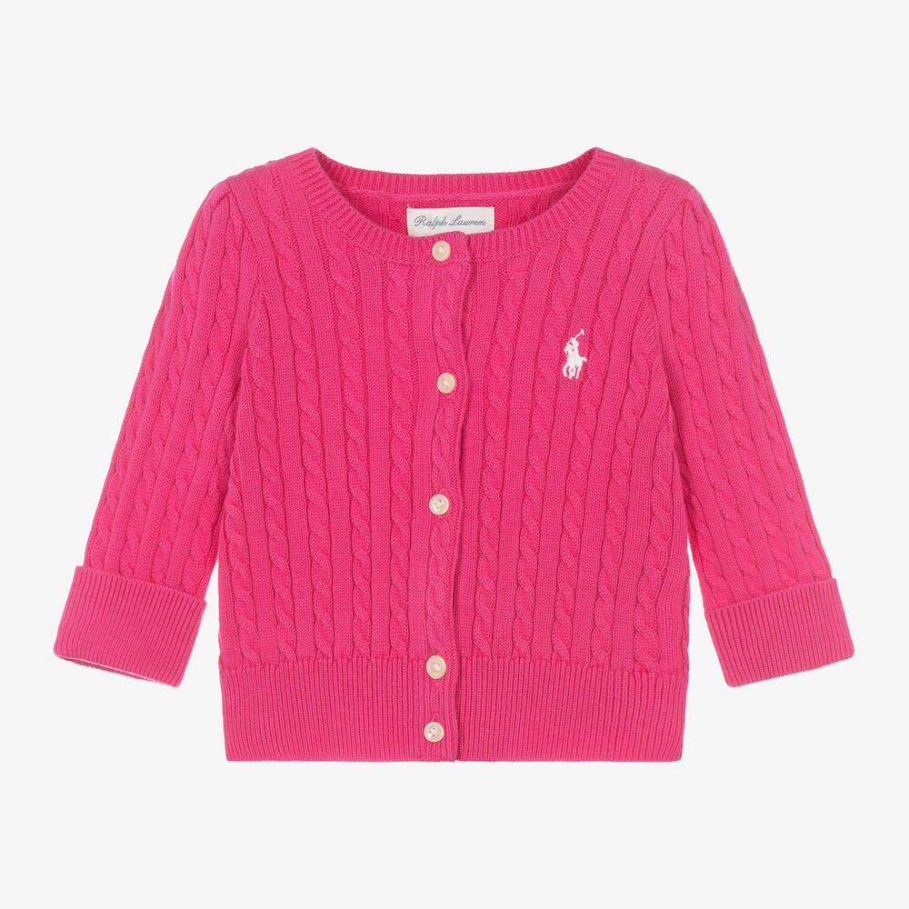 Ralph Lauren - Baby Girls Pink Cotton Knit Cardigan | Childrensalon