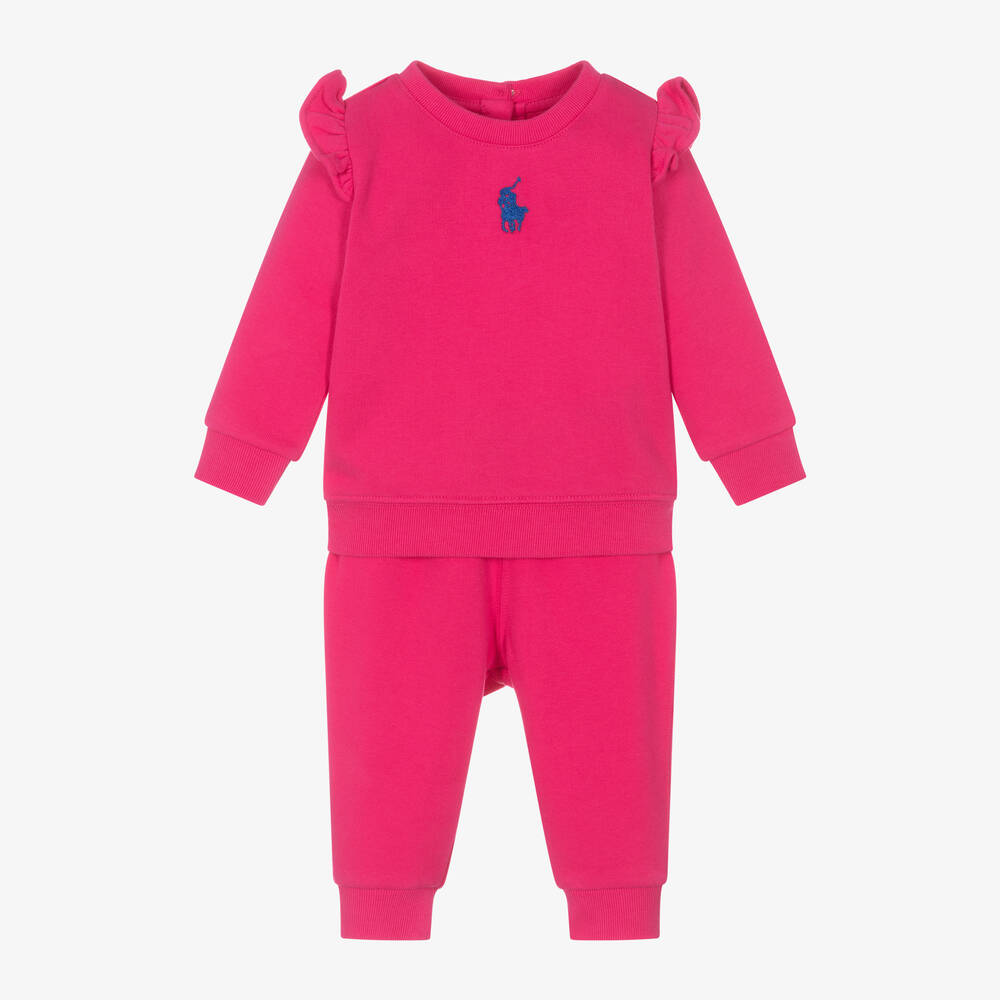 Ralph Lauren - Baby Girls Pink Ruffle Cotton Tracksuit | Childrensalon