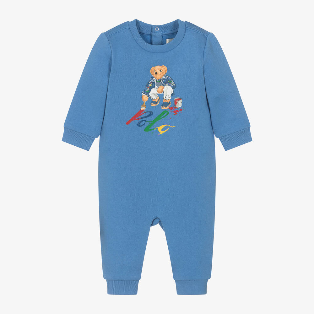 Ralph Lauren - Boys Blue Cotton Polo Bear Romper | Childrensalon