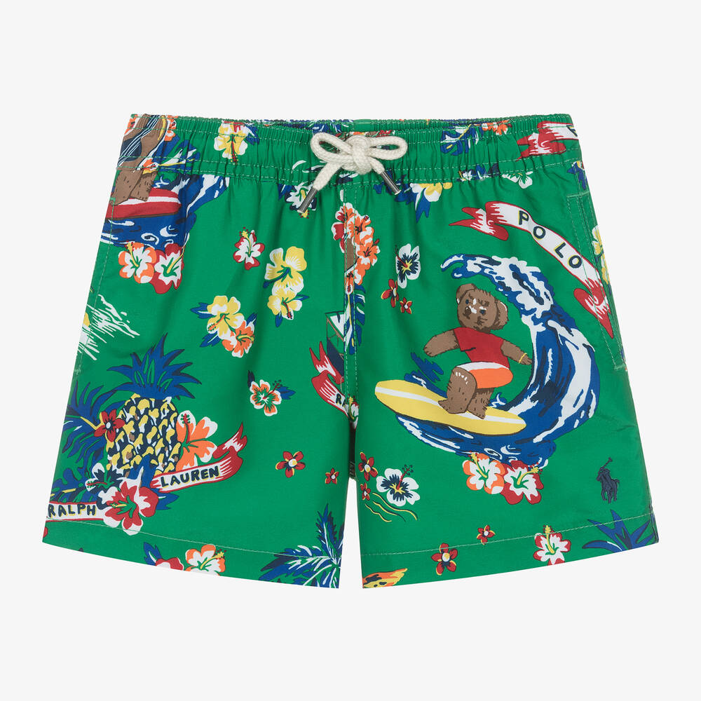 Ralph Lauren - Boys Green Polo Bear Swim Shorts | Childrensalon