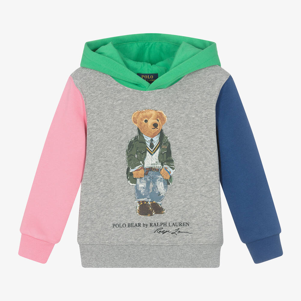 Ralph Lauren - Boys Grey Cotton Polo Bear Hoodie | Childrensalon