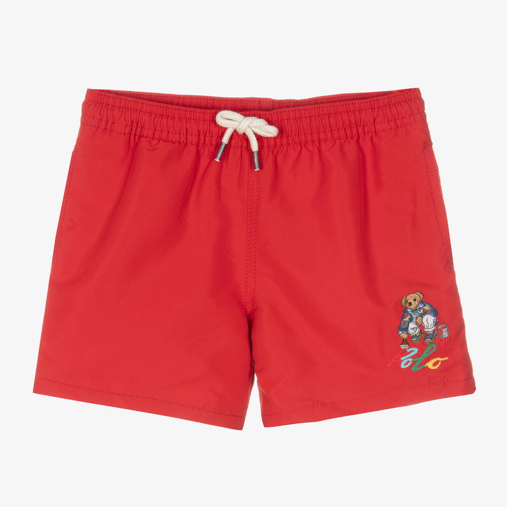 Ralph Lauren - Boys Red Polo Bear Swim Shorts | Childrensalon