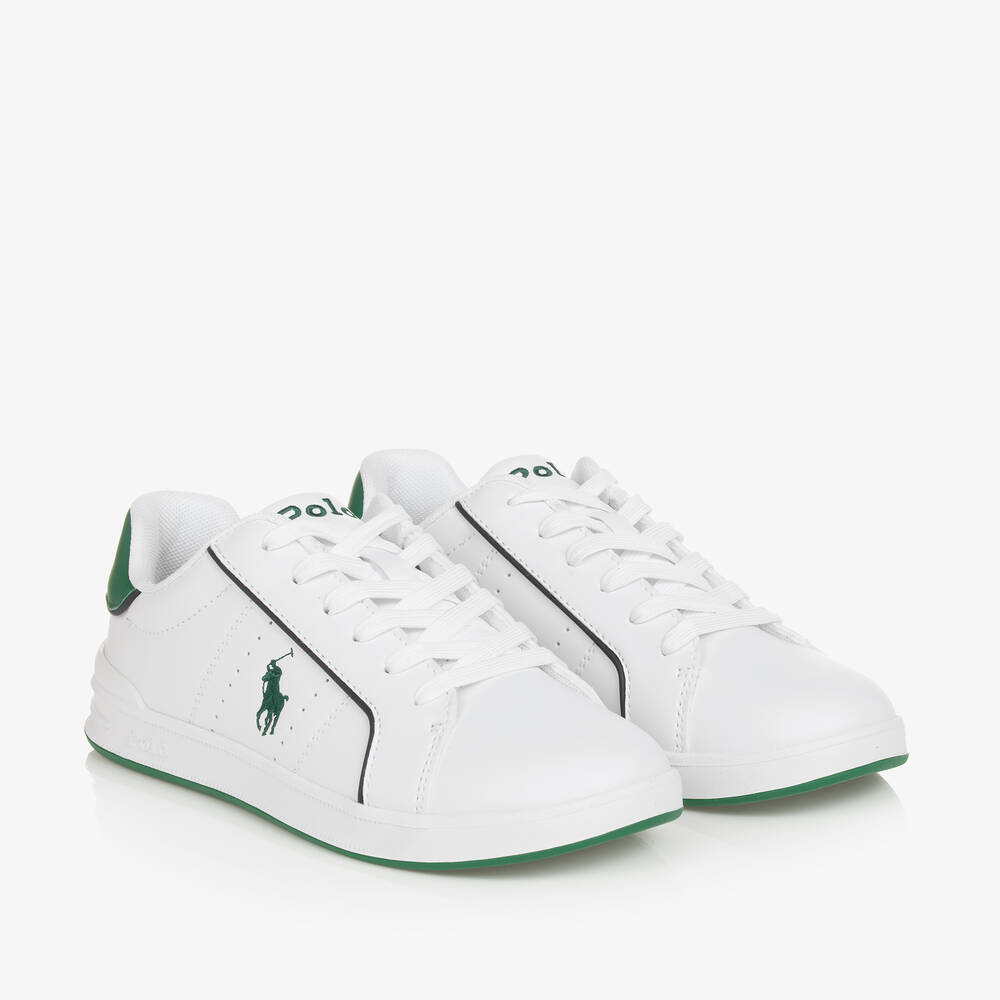 Ralph Lauren - Boys White Faux Leather Lace-Up Trainers | Childrensalon