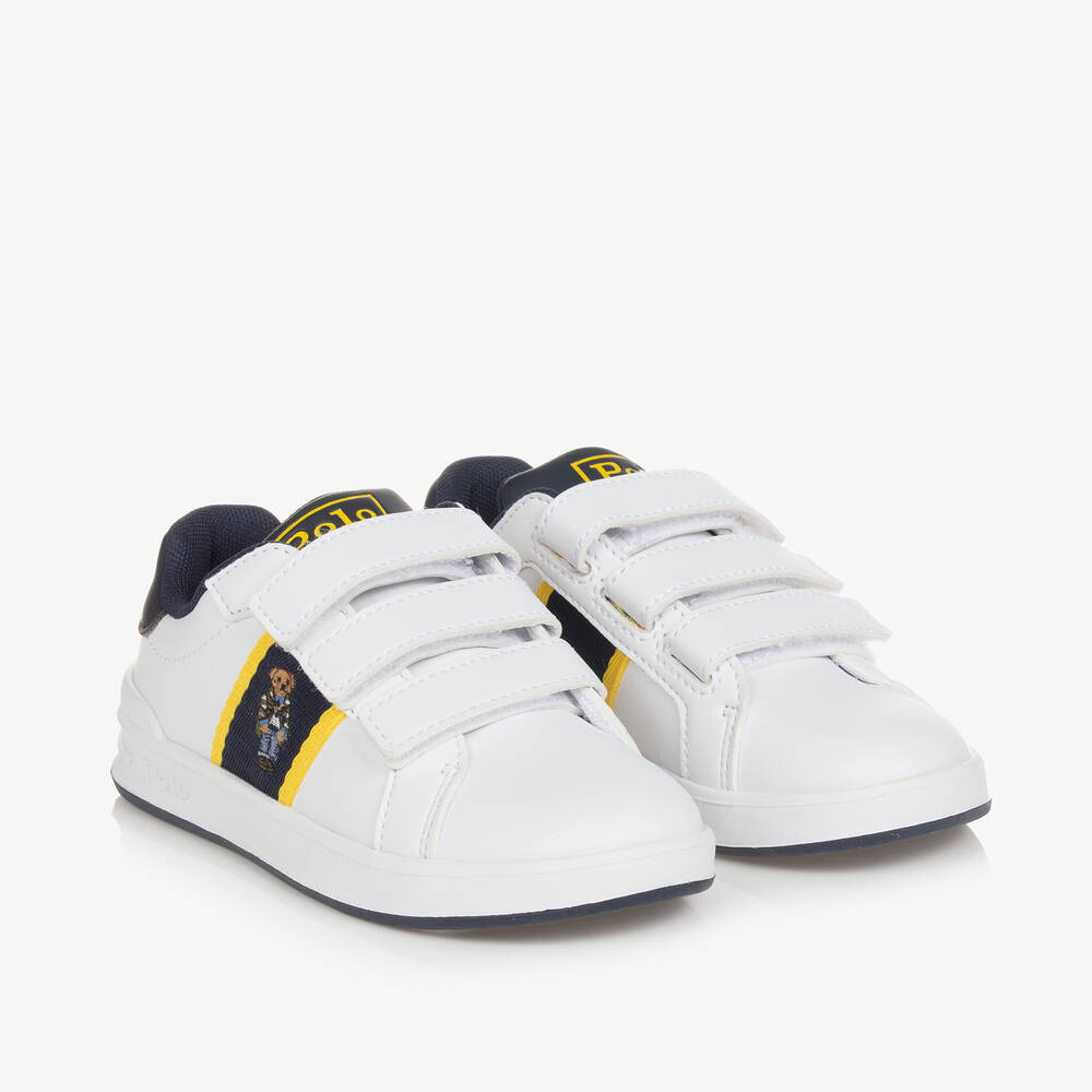 Ralph Lauren - Boys White Faux Leather Polo Bear Trainers | Childrensalon