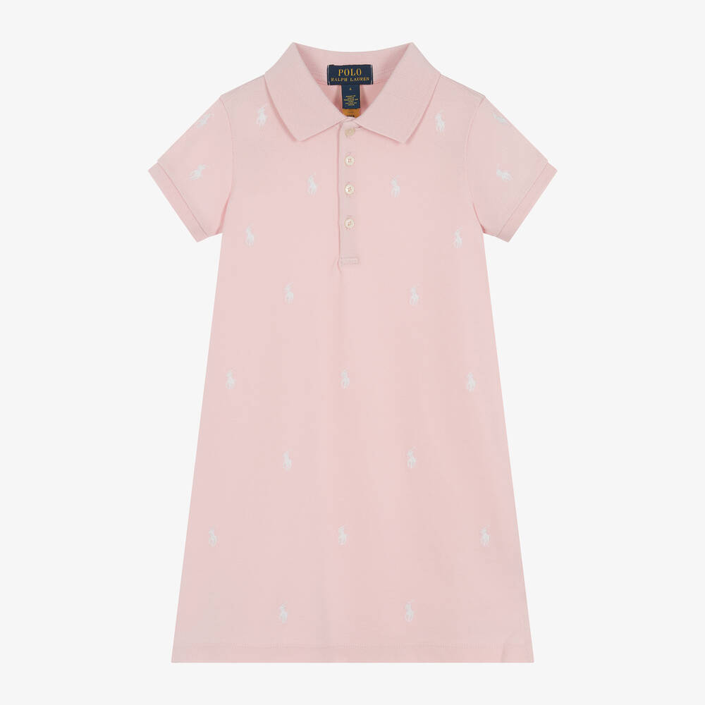 Ralph Lauren - Girls Pink Cotton Piqué Polo Dress | Childrensalon