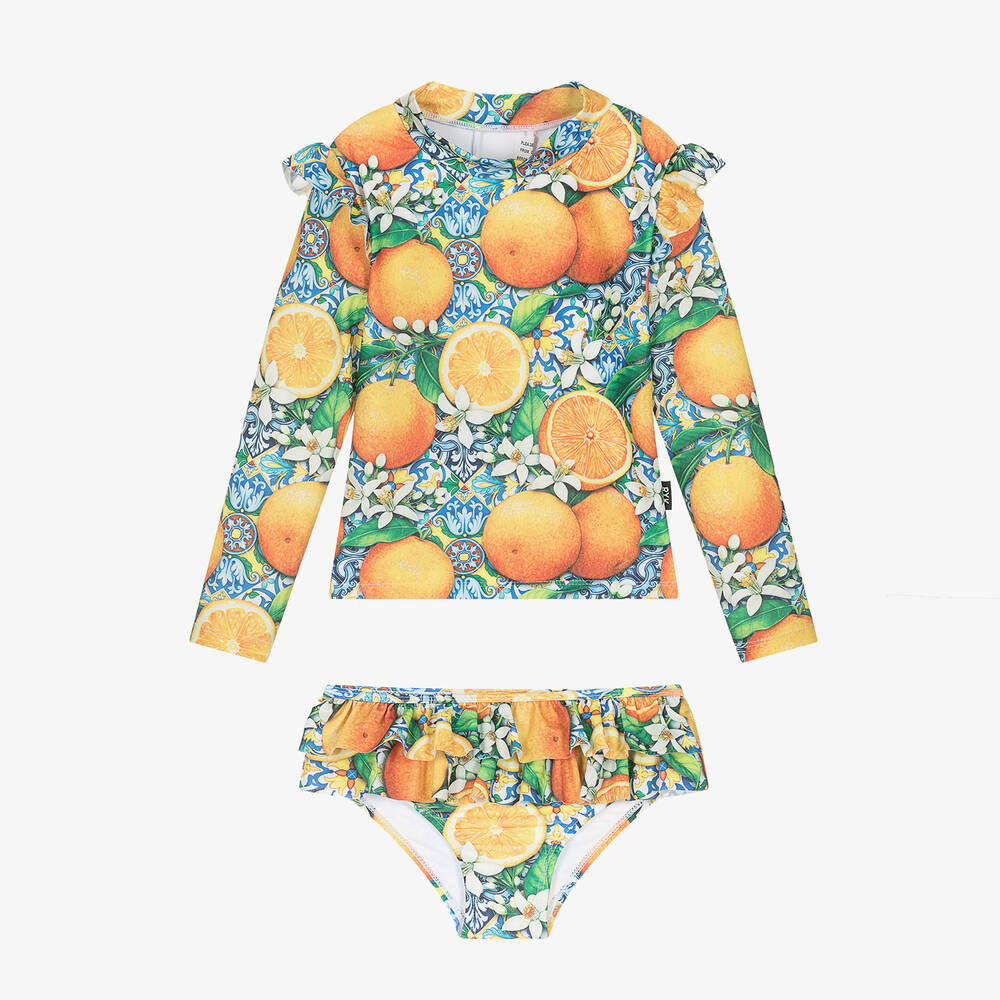 Rock Your Baby - Girls Orange Catania Print Tankini (UPF50+) | Childrensalon