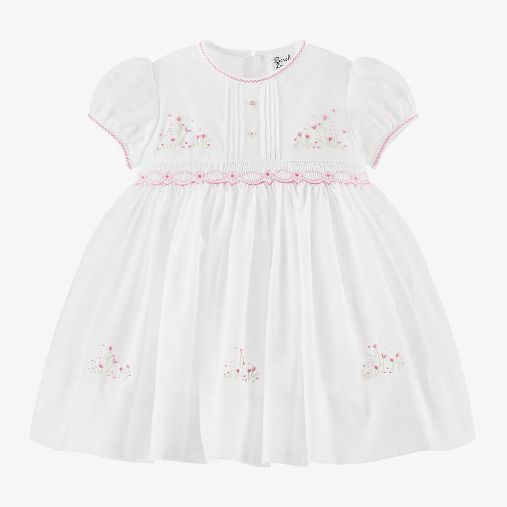 Sarah Louise - Baby Girls White Hand-Smocked Dress | Childrensalon