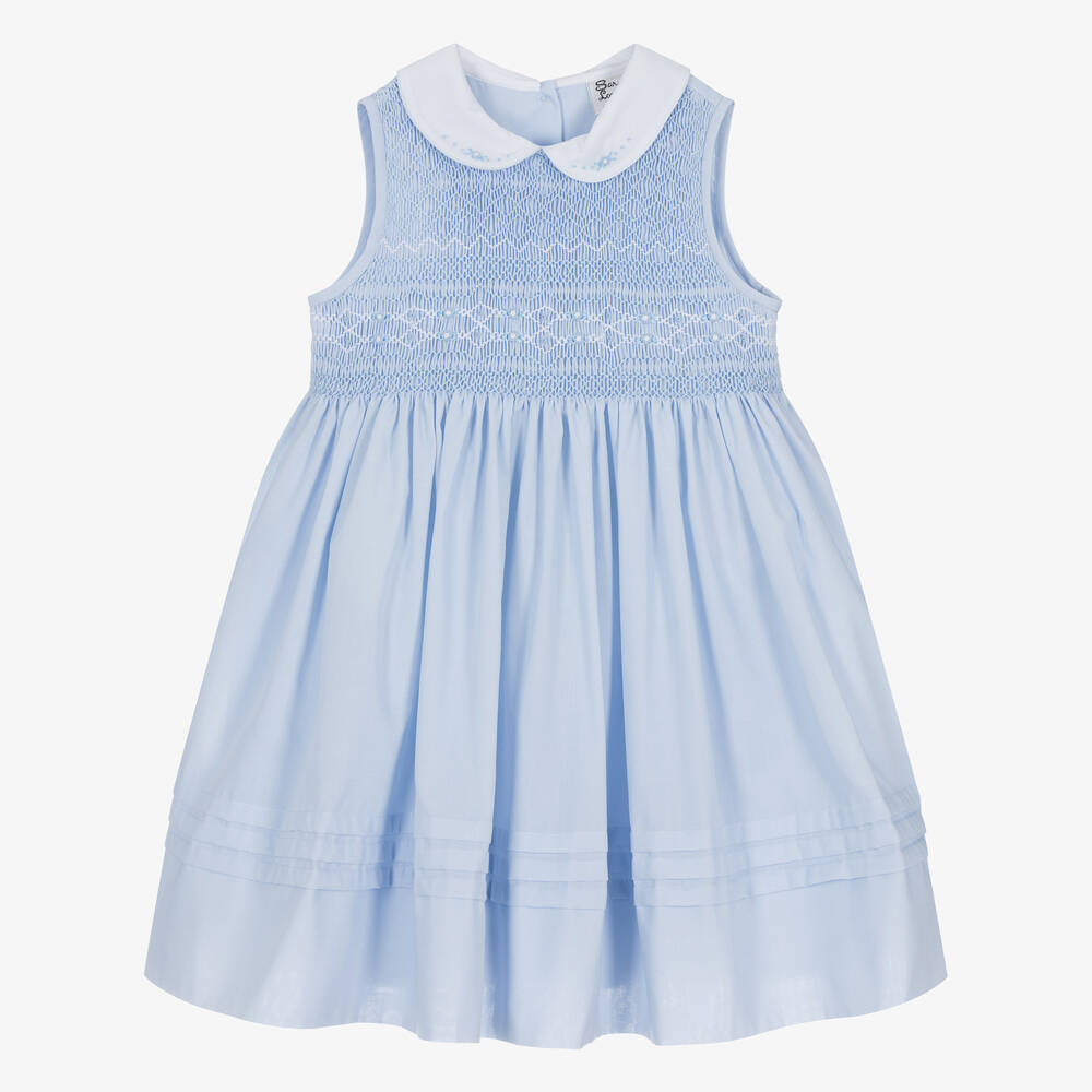 Sarah Louise - Girls Blue Cotton Hand-Smocked Dress | Childrensalon