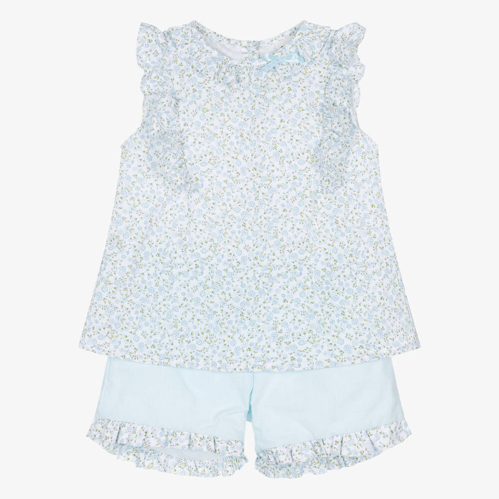 Sarah Louise - Girls Blue Ditsy Floral Cotton Shorts Set | Childrensalon