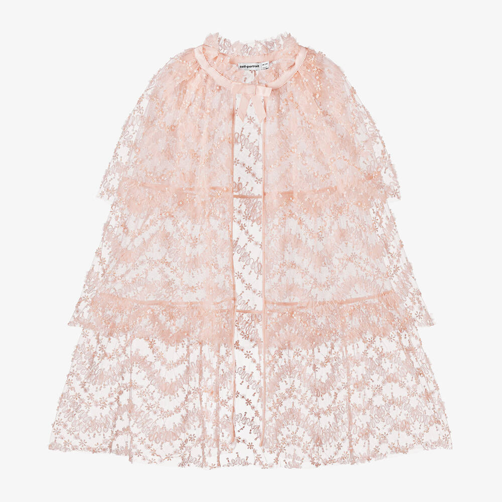 Self-Portrait - Girls Pink Bead & Faux Pearl Tulle Cape | Childrensalon