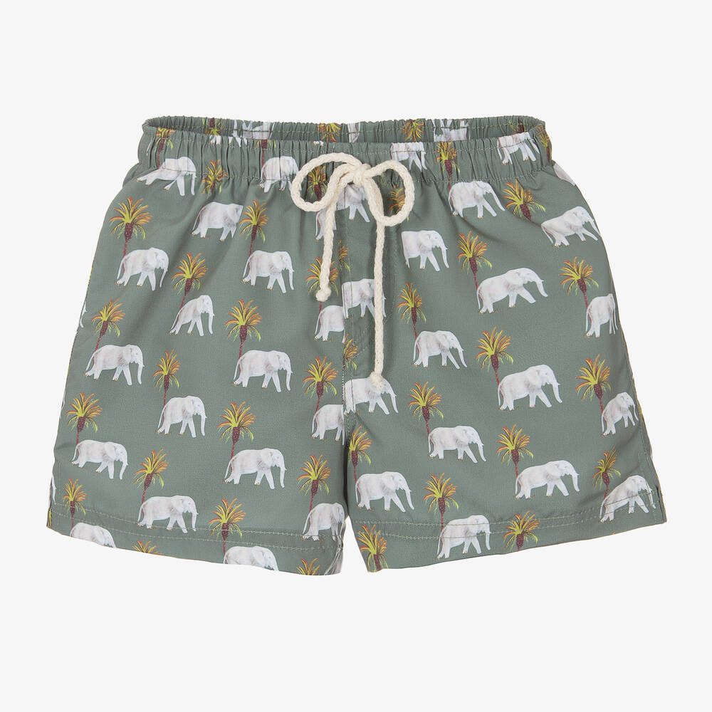 Selini Action - Boys Green Elephant-Print Swim Shorts | Childrensalon