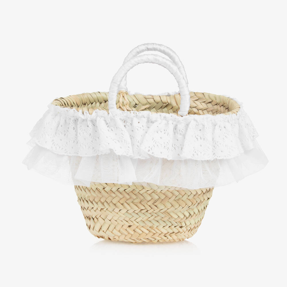 Selini Action - Girls Beige Crochet Straw Bag (30cm) | Childrensalon