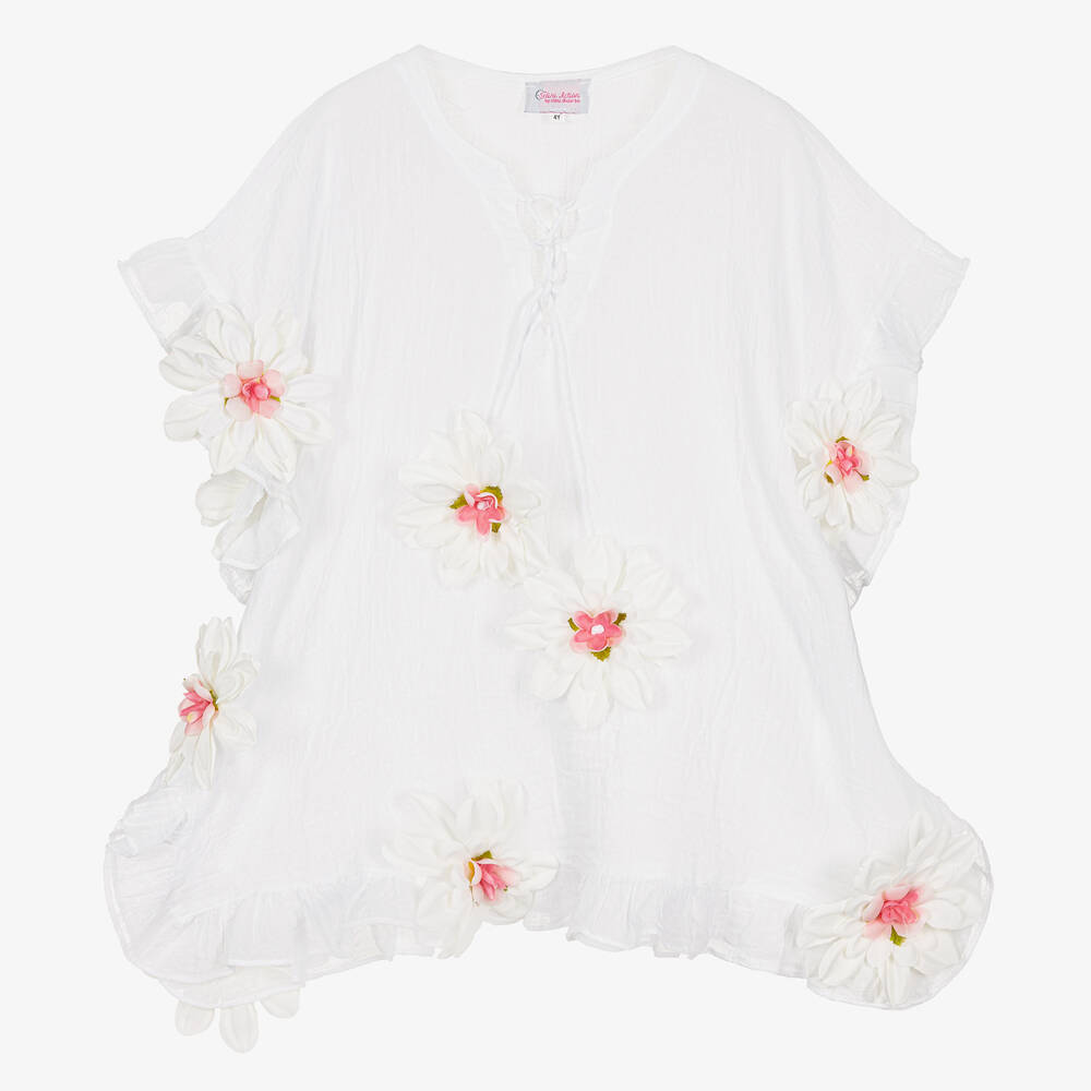 Selini Action - Caftan blanc en coton à fleurs  | Childrensalon