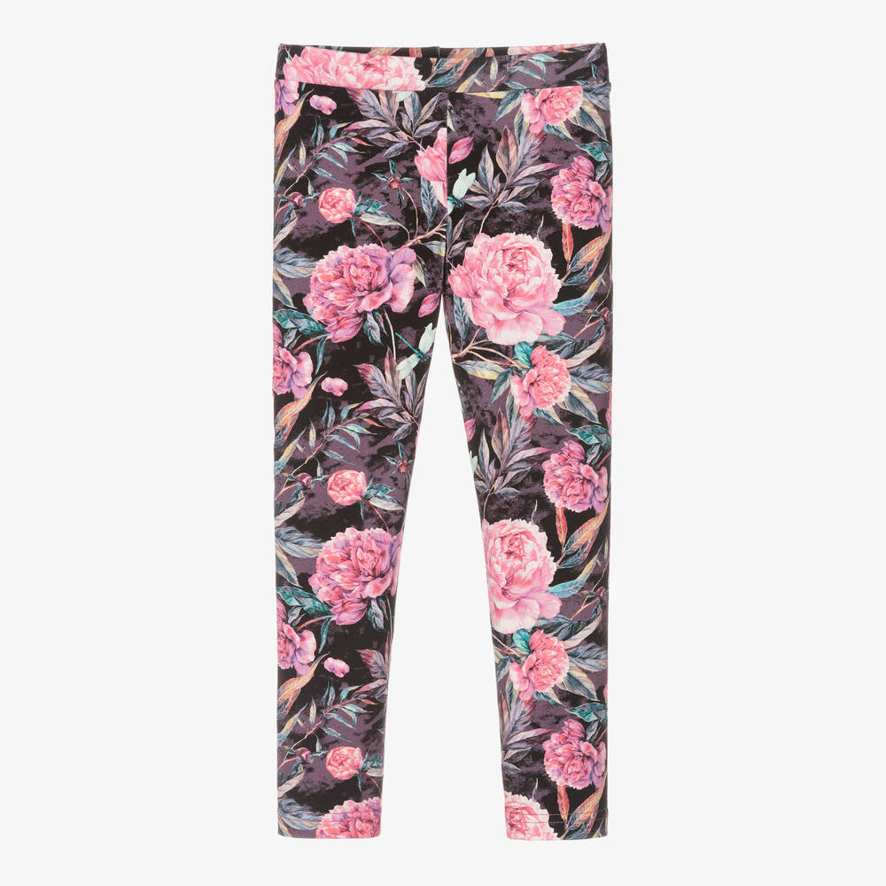 Sofija - Legging coton noir à fleurs roses | Childrensalon