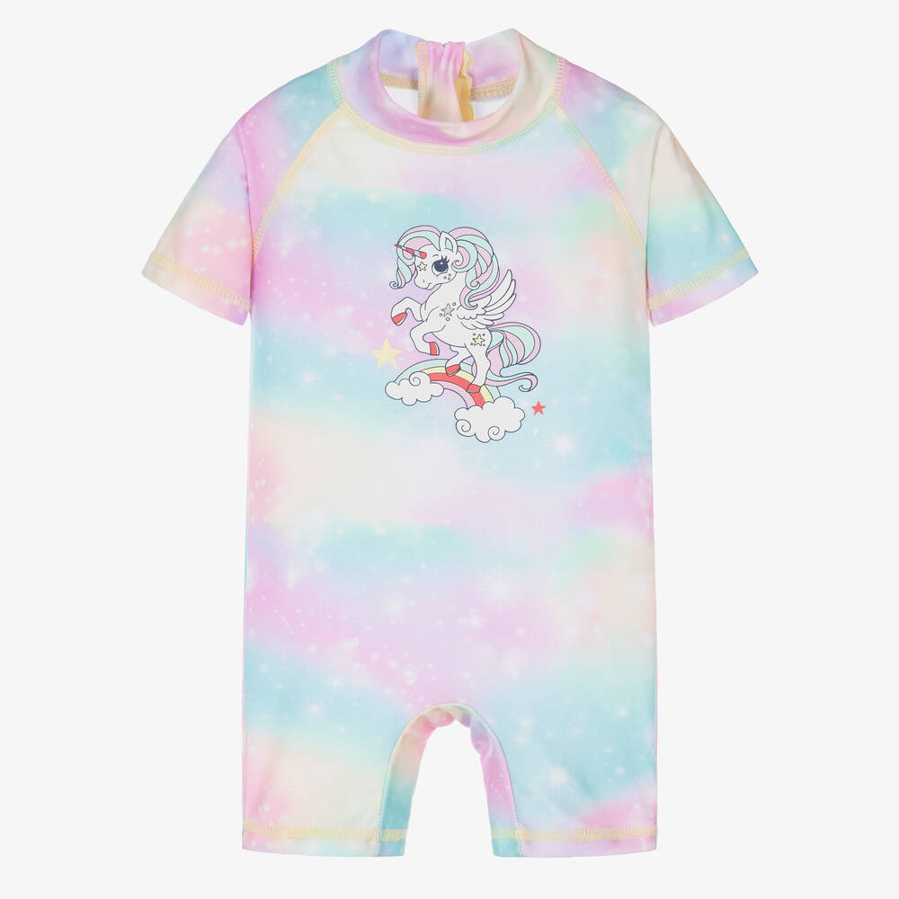 Soli Swim - Girls Pink & Blue Unicorn Sun Suit (UPF50+) | Childrensalon