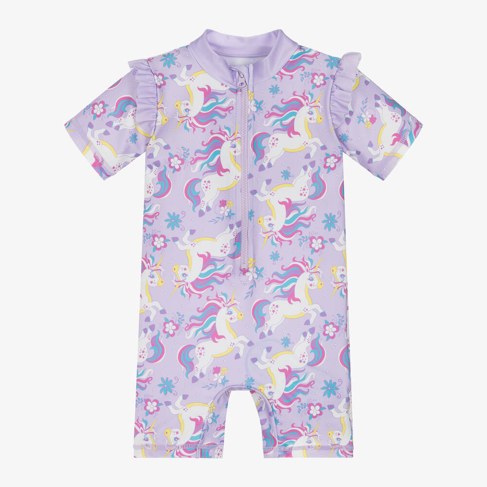 Soli Swim - Girls Purple Unicorn Sun Suit (UPF50+) | Childrensalon