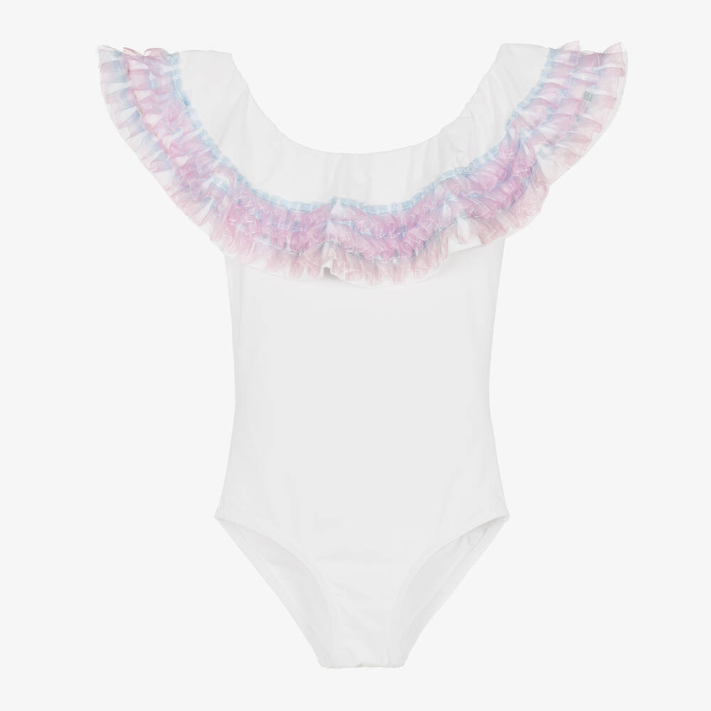 Stella Cove - Girls White Frilled Swimsuit | Childrensalon