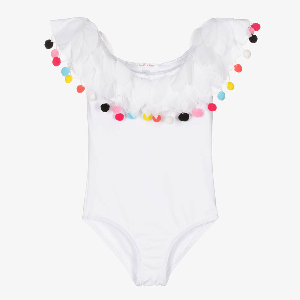 Stella Cove - Girls White Pom-Pom Swimsuit | Childrensalon