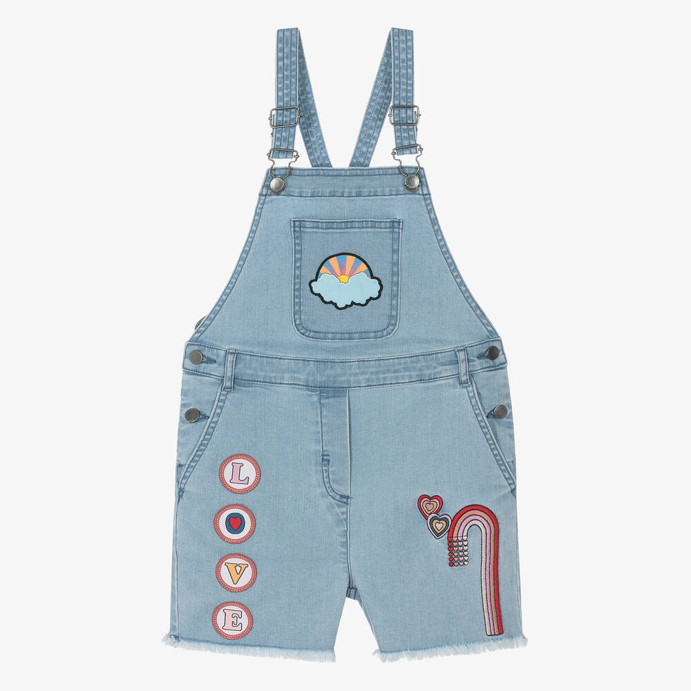 Stella McCartney Kids - Girls Blue Denim Badges Dungarees Shorts | Childrensalon