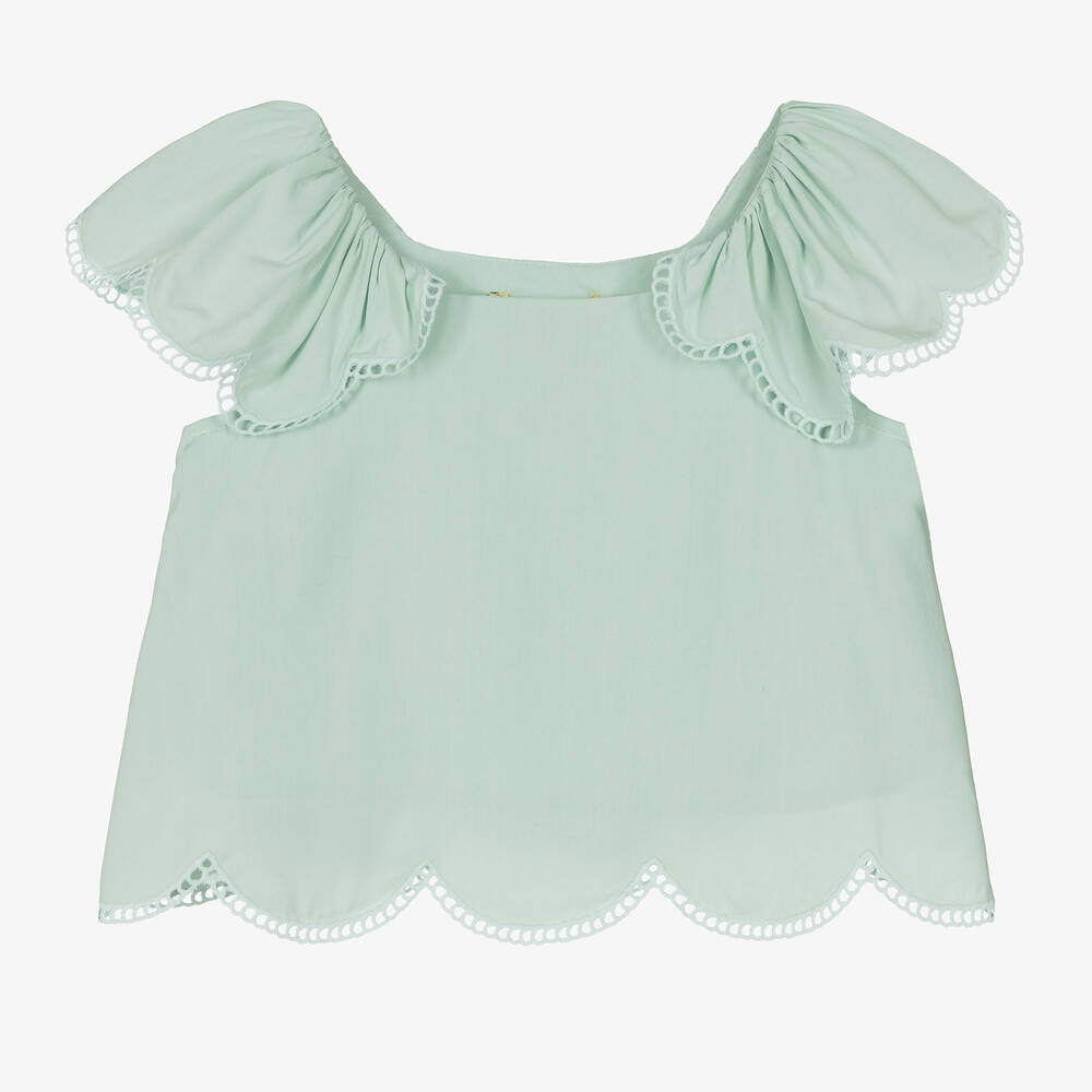 Stella McCartney Kids - Girls Green Viscose Scalloped Blouse | Childrensalon