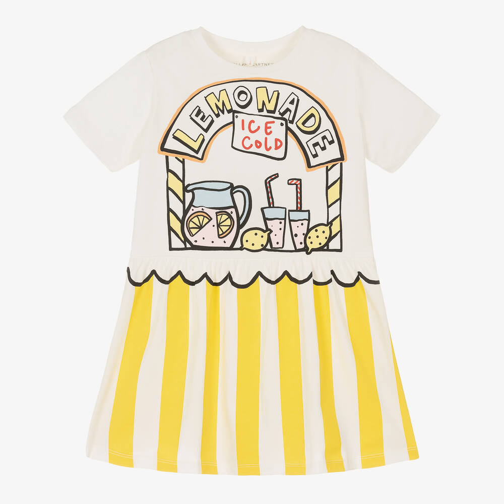 Stella McCartney Kids - فستان قطن عضوي جيرسي لون عاجي وأصفر للبنات | Childrensalon