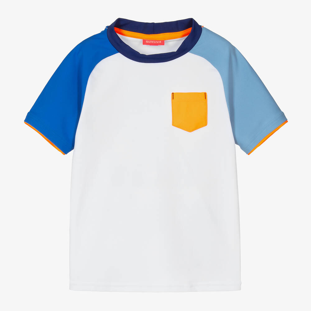 Sunuva - Boys White & Blue Colourblock Swim Top | Childrensalon