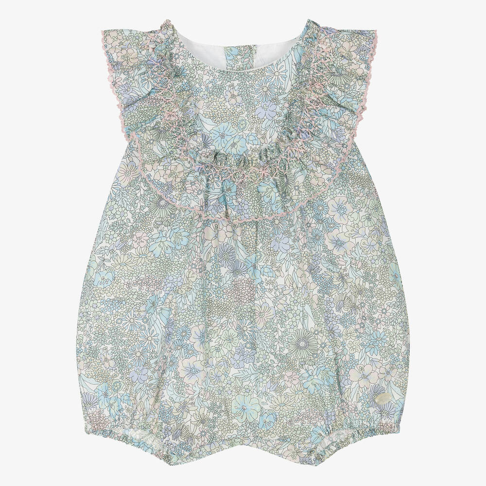 Tartine et Chocolat - Baby Girls Blue Floral Hand-Smocked Shortie | Childrensalon