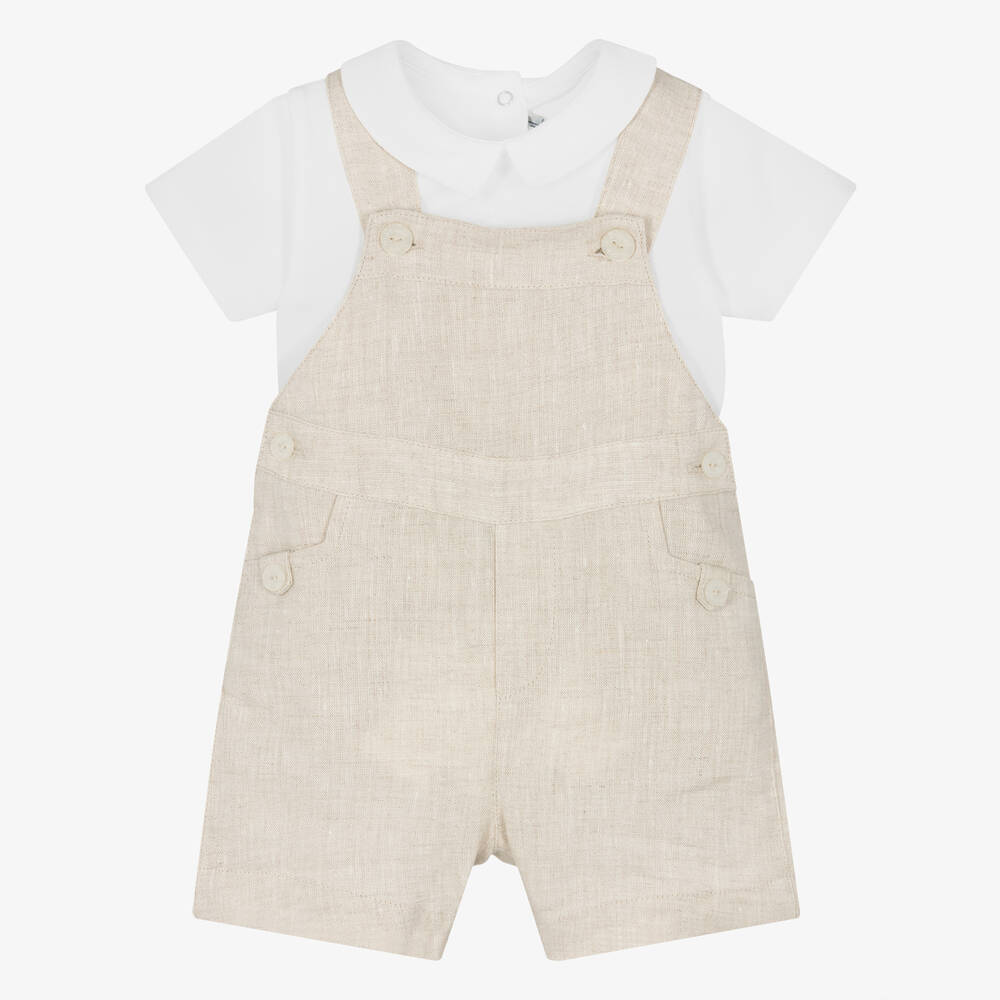 Tartine et Chocolat - Boys Beige Linen Dungaree Shorts Set | Childrensalon