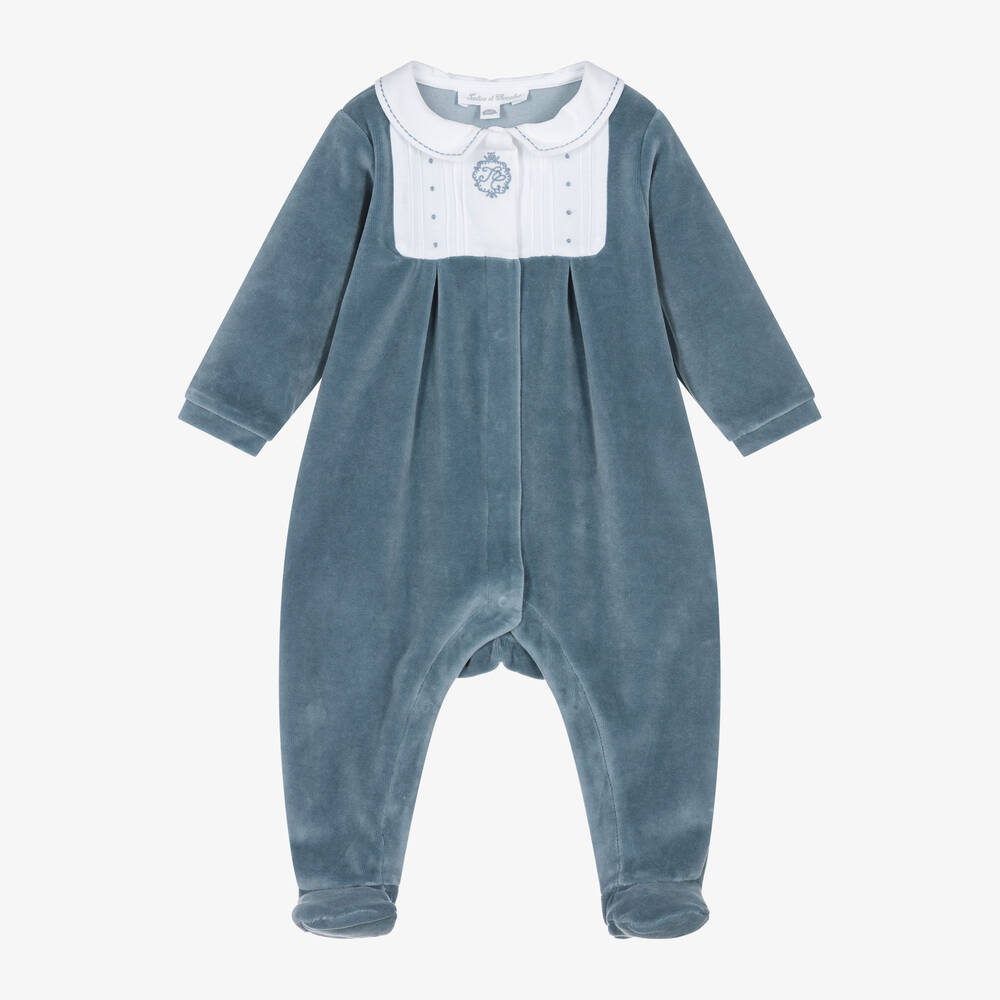 Tartine et Chocolat - Boys Blue Cotton Velour Babygrow | Childrensalon