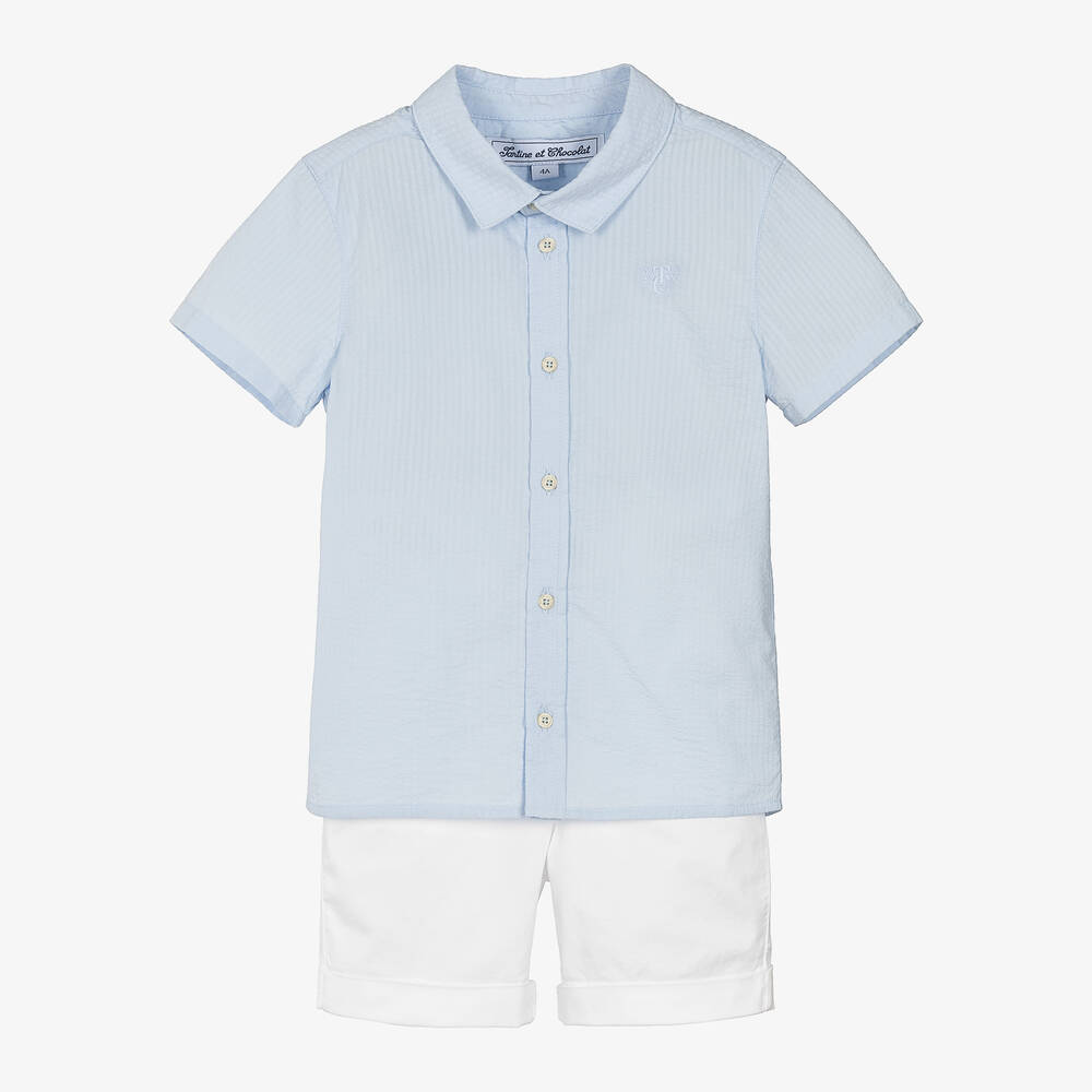 Tartine et Chocolat - Boys Blue & White Cotton Shorts Set | Childrensalon