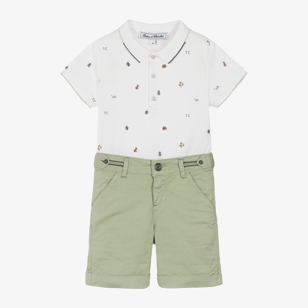 Tartine et Chocolat - Boys White & Green Shorts Set | Childrensalon