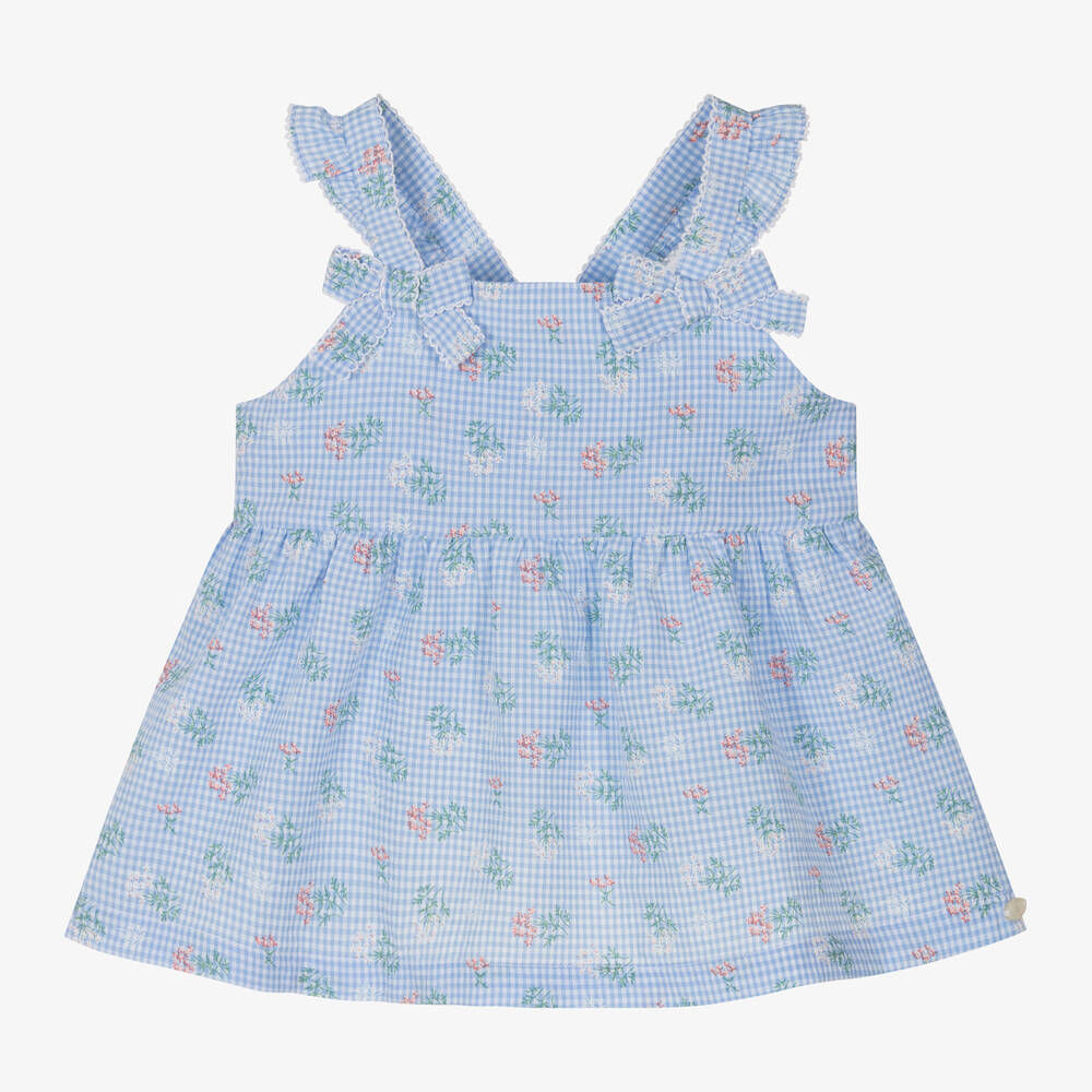 Tartine et Chocolat - Girls Blue Gingham Cotton Floral Blouse | Childrensalon