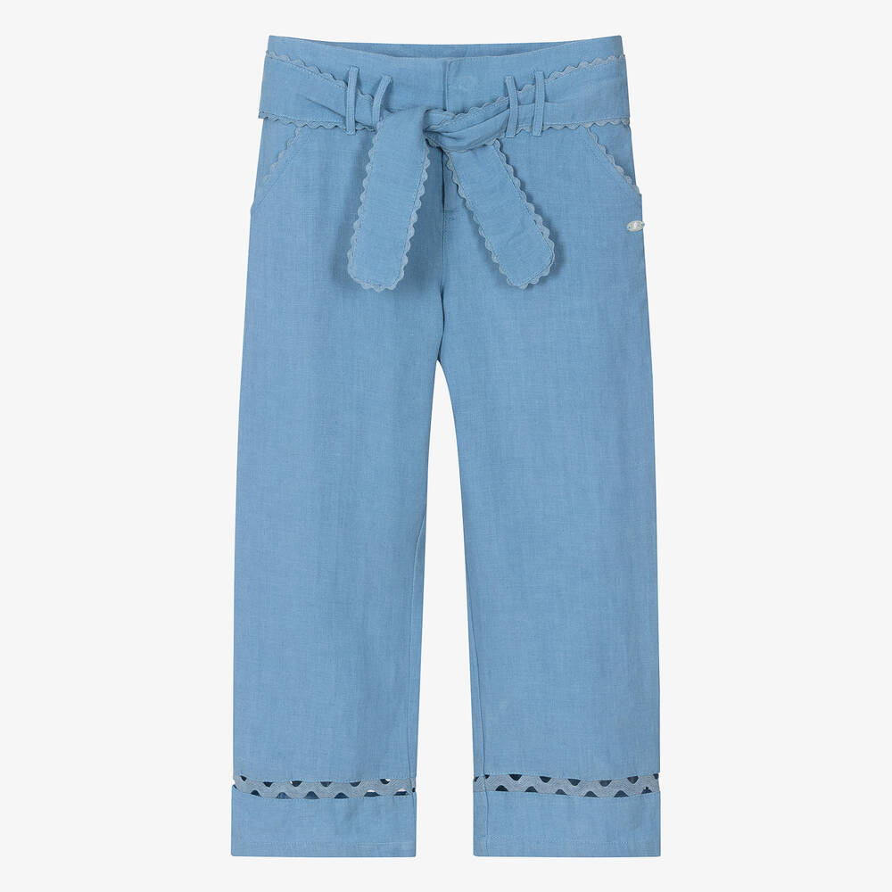 Tartine et Chocolat - Girls Blue Linen Trousers | Childrensalon