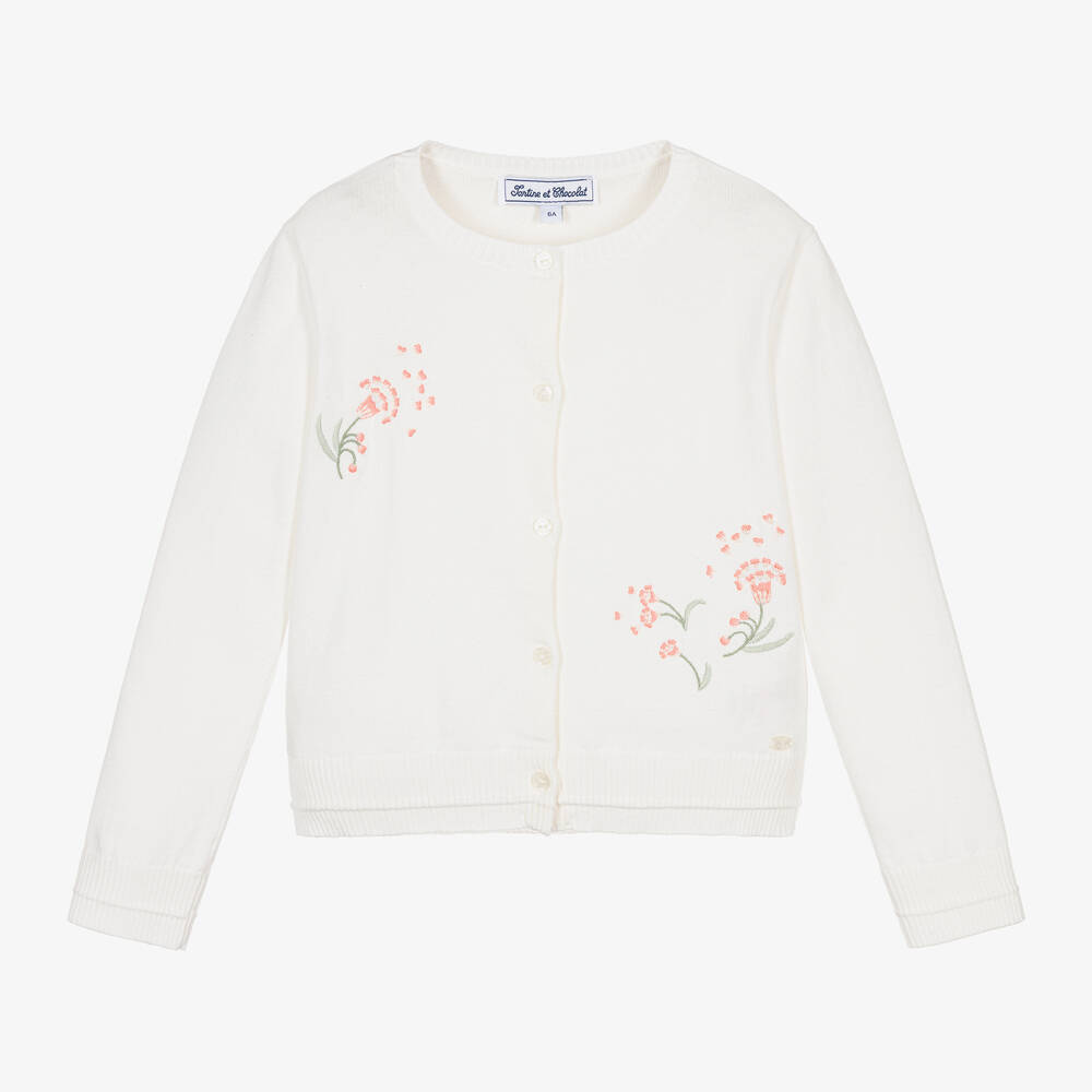 Tartine et Chocolat - Girls Ivory Cotton Flower Cardigan | Childrensalon