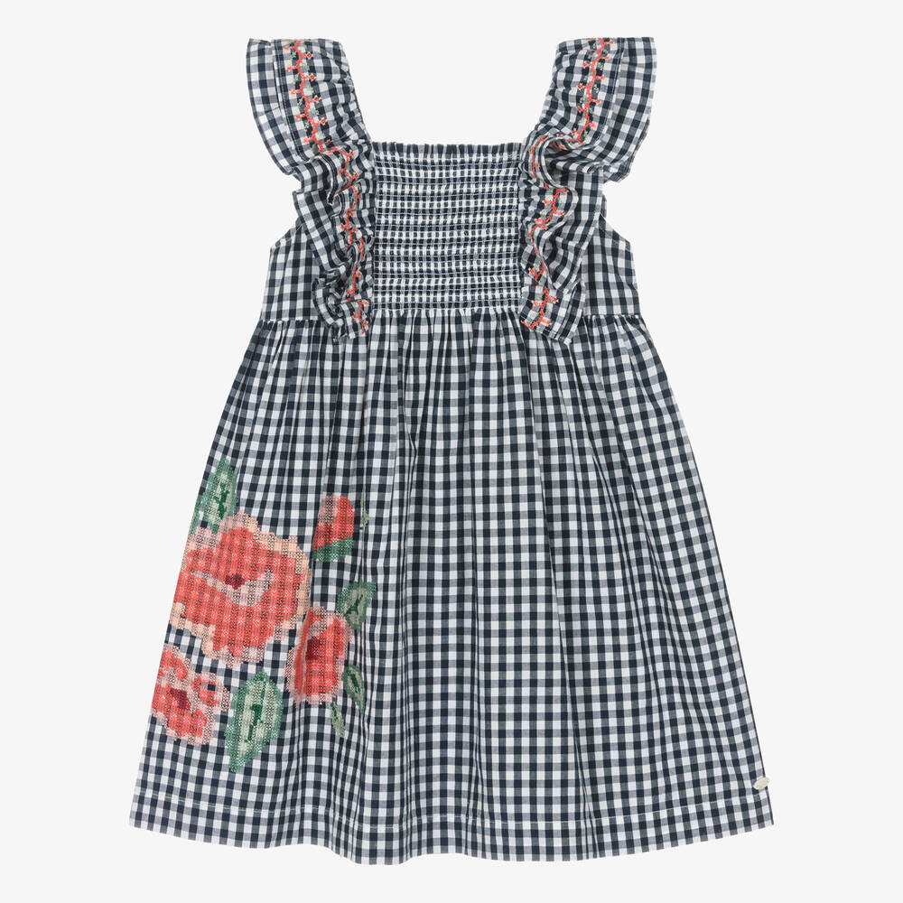 Tartine et Chocolat - Girls Navy Blue Gingham Cotton Dress | Childrensalon