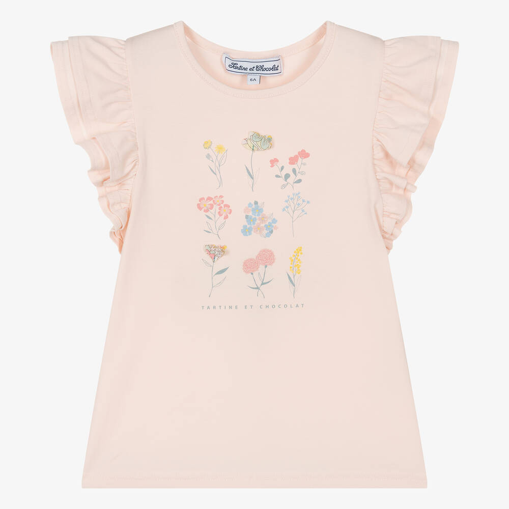 Tartine et Chocolat - Girls Pale Pink Cotton Flower T-Shirt | Childrensalon